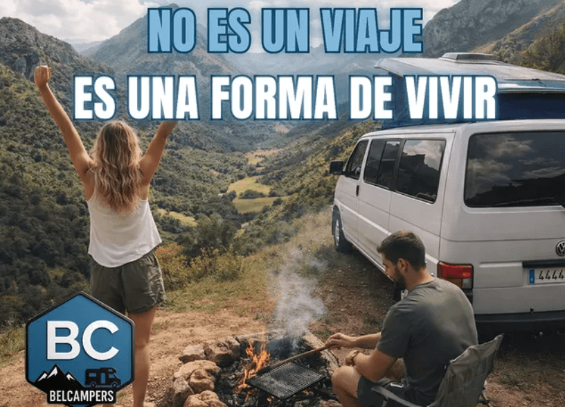 Pareja y furgoneta camper en un valle de montaña